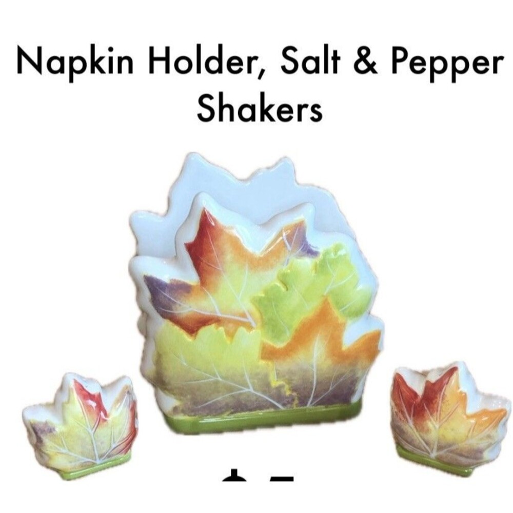 Essential Home Ceramic Autumn Maple Leaf Napkin Holder Salt & Pepper Shaker Set